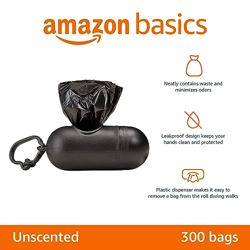 Basics Dog Poop Leak Proof Bags with Dispenser and Leash Clip, Unscented, 13" x 9" Large Size, 300 Count
