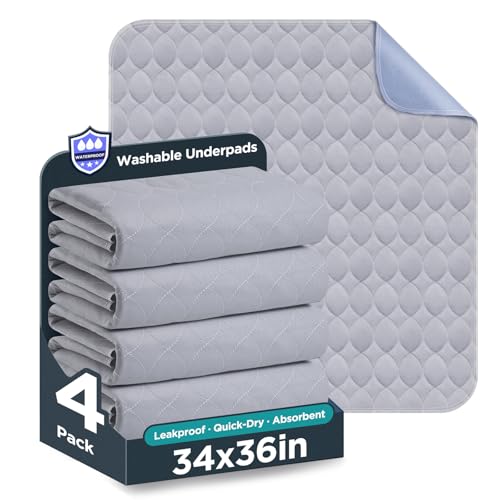 Washable Bed Pads 34" x 36" - 4 Pack, Grey, Waterproof Bed Pads for Incontinence, Bed Wetting Pads for Bed, Sofa, Floor, Resuable Underpads for