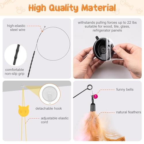 Depets Cat Wand Toy, 15 Pcs Interactive Cat Feather Toys for Indoor Self Play & Exercise, 2 Play Modes Kitten Teaser Wand, Reusable Suction Cup