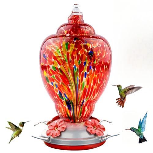 WOSIBO Hummingbird Feeder for Outdoors Patio Large 32 Ounces Colorful Hand Blown Glass Hummingbird Feeder with Ant Moat Hanging Hook, Rope, Brush and