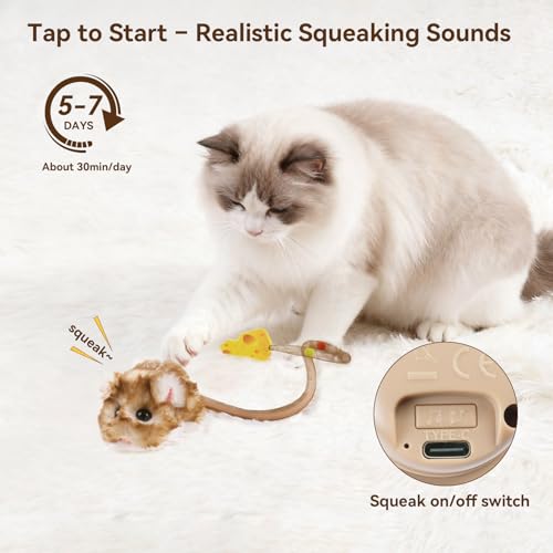Migipaws Interactive MigiMouse Cat Toy 360° Rolling & Spin with Mesh Plastic Tail for Indoor Cats Smart Motion Sensor, Realistic Squeak, Rechargeable