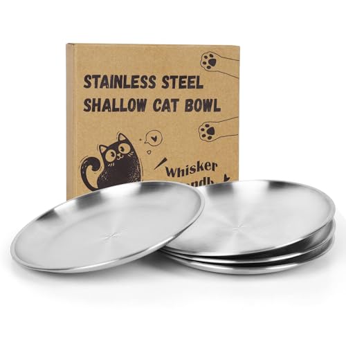 4-Pack Stainless Steel Cat Food Bowls, Shallow Whisker-Friendly Non-Slip Silicone Base Metal Dishes, Easy to Clean Indoor Feeding Flat Plates for