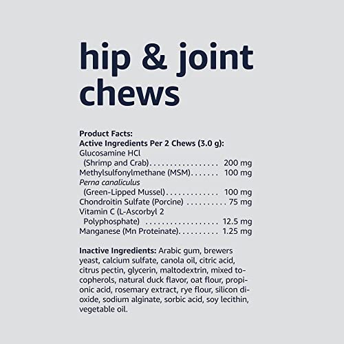 Basics Dog Hip & Joint Daily Supplement Chews with Glucosamine, MSM, and Vitamin C, Duck Flavored, 120 Count (Previously Solimo)