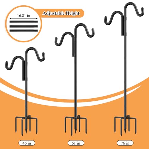 76" Double Hooks Heavy Duty Adjustable Bird Feeder Pole with Sturdy 5-Prong Base, Height Adjustable Shepherds Hook for Hanging Feeders, Plants, Solar