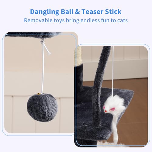 Heybly Cat Tree with Toy, Cat Tower Condo for Indoor Cats, Cat House with Padded Plush Perch, Cozy Hammock and Sisal Scratching Posts, Smoky Gray