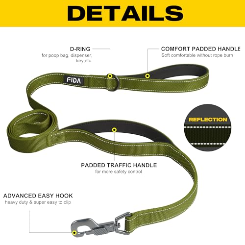 Fida 4 FT Heavy Duty Dog Leash with 2 Comfortable Padded Handles, Traffic Handle & Advanced Easy Snap Hook, Reflective Walking Lead for Large, Medium
