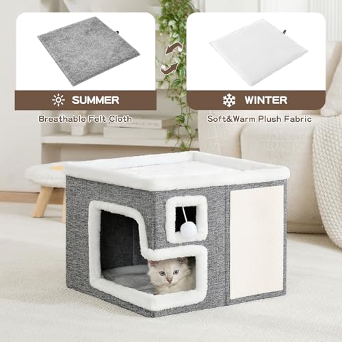 Cat Houses for Indoor Cats, Covered Cave Bed with Scratch Pad and Fluffy Ball, Foldable Cat Hideaway Condo for Large Cats, Modern Kitten