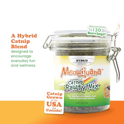 Meowijuana Catnibas Catnip Pawty Mix Jar | Premium Cat Nip for Cats with Silvervine, Passion Flower, Chamomile, Dandelion & Valerian Root | High