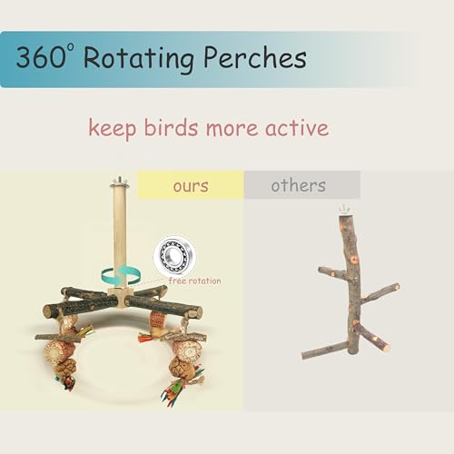 Bird Perch 360° Rotating Perch with Natural Chew Toys - Spinning Bird Toys Cage Accessories- Parrot Wooden Stand for Small and Medium Birds