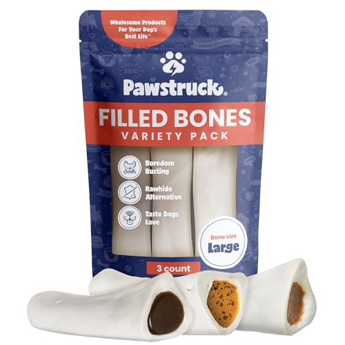 Pawstruck Large 5-6” Filled Dog Bones Variety Pack - Peanut Butter, Cheese & Bacon, Beef Flavors - Made in USA, Long Lasting Stuffed Femur Treat for