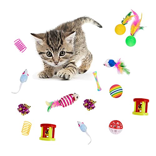 32Pcs Cat Toys Kitten Interactive Pet Toys Assortments, Foldable Rainbow Tunnel, Teaser Wand Fluffy Mouse Crinkle Balls Bell Play for Puppy Kitty (3
