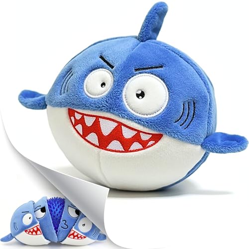 3 in 1 Squeaky Soft Plush Durable Dog Chew Toy for Aggressive Chewers, No Stuffing Interactive Tough Rip & Reveal Crinkle Blue Shark Ball in Gift