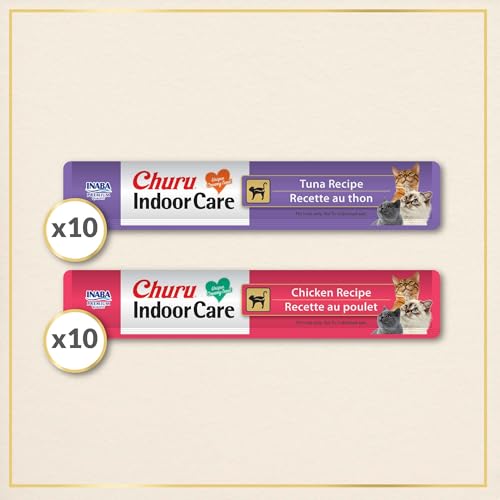 INABA Churu Indoor Care for Hairball Control, Functional Lickable Cat Treat with Taurine & Green Tea Extract, 0.5oz Each, 20 Tubes Total, Tuna