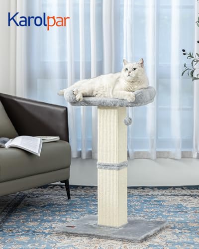 Karolpar 32" Cat Scratching Post for Indoor Cats, Sisal Cat Scratcher with Plush Perch, Large Scratch Post with Bed, Removable Cover, Sisal