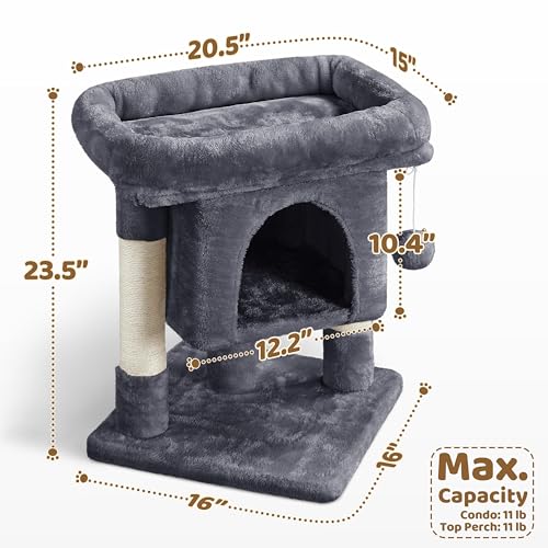 Yaheetech 23.5in Cat Tree – Sturdy & Stable, Space-Saving 3-Level Cat Tower with Plush Perch, Condo, Sisal Scratching Posts & Dangling Ball, Perfect