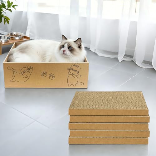 Cat Scratcher, 5 Packs in 1 Cardboard Box Cat Scratching Pad for Indoor Cats and Kitten, Cat Scratch Pad to Protect Furniture, Large Size