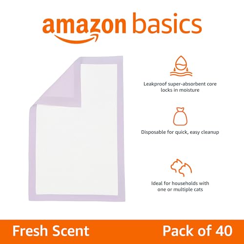 Basics Cat Litter Pee Pads, Odor Control with Fresh Scent, Super Absorbent, Disposable, Universal Fit Litter Box, Purple and White, 40 Count
