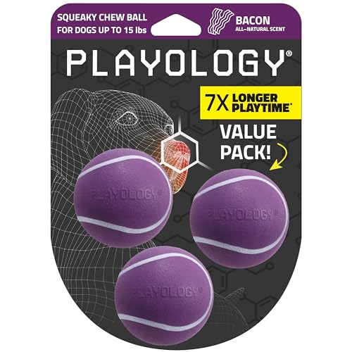 Playology Dog Toys | Squeaky Chew Ball for Dogs, Value 3-Pack | Bacon Scented Small Dog Balls | Bouncy Floating Chew Toys for Fetch