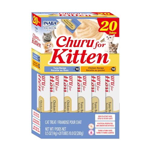 INABA Churu for Kittens, Lickable, Squeezable Creamy Purée Cat Treat with Green Tea Extract & Taurine, 0.5oz. Each Tube, 20 Tubes, Tuna & Chicken