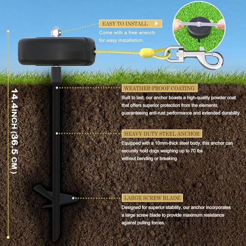 30ft Dog Tie Out Cable and Stake, 360°No Tangle Heavy Spiral Dog Steel Anchor and Retractable Leash for Small to Large Dogs Up to 10-90 lbs Lead for