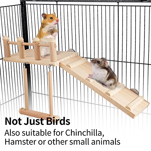 Bird Perches Platform Swing with Climbing Ladder, Parakeet Cage Accessories Wooden Playing Gyms Exercise Sturdy for Small Birds