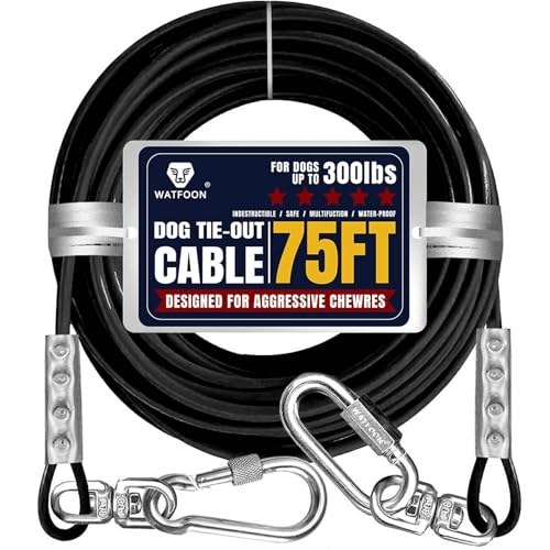 75Ft Dog Tie Out Cable, Dog Leads for Small to Large Pets Up to 300 Pounds, 5mm Heavy Duty 1000lbs Break Strength Galvanized Braided Steel Pet
