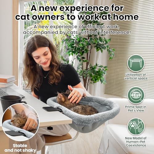 JUNSPOW Cat Desk Bed - One-Click Folding,Sunken Design & Space-Saving Semi-Circular Cat Bed, Soft Faux Rabbit Fur Material, Suitable for Various