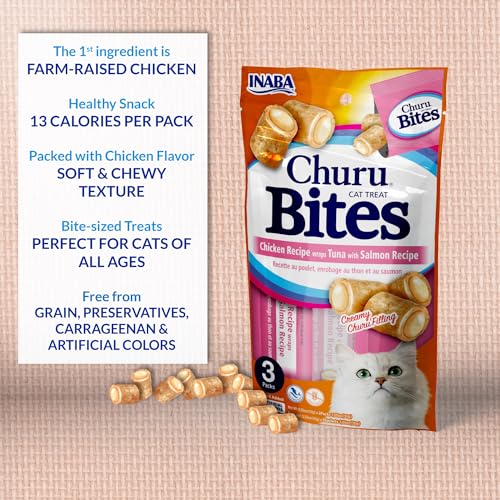 INABA Churu Bites for Cats, Soft/Chewy Baked Chicken Wrapped Churu Filled Cat Treats with Vitamin E, 0.35 Ounces per Tube, 24 Tubes Total (3 Tubes