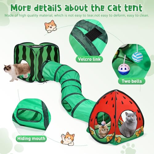Tailtastic 3-in-1 Watermelon Cat Play Tunnel with Pop-Up Cube & Triangle Cat Tent, Interactive Toy Ball & Foldable Design - Easy Magic Tape Assembly