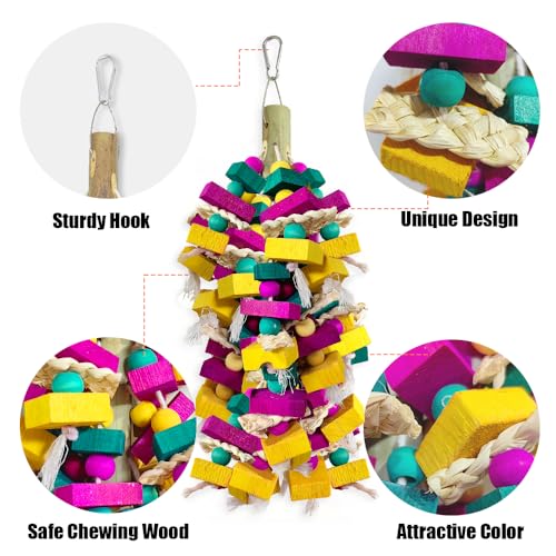 Large Bird Toys, Multi-Color Wooden Block with Bamboo Support Bird Chewing Toy Parrot Cage Bite Toy for Macaws Cokatoos African Grey and Large Medium