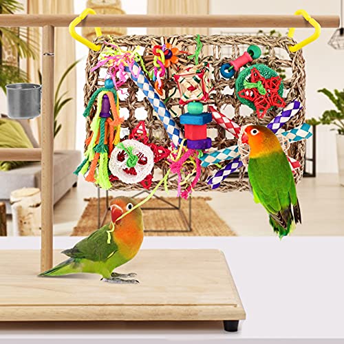 KATUMO Bird Toys, Bird Foraging Wall Toy, Edible Seagrass Woven Climbing Hammock Mat with Colorful Chewing Toys, Suitable for Lovebirds, Finch