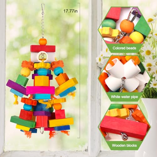 Kyouki Large Parrot Toy, Bird Toys for Cockatoos,Macaws, African Grey,  Parrots,Conures, Lovebirds, Multicolored Natural Wooden Blocks Chewing Toys