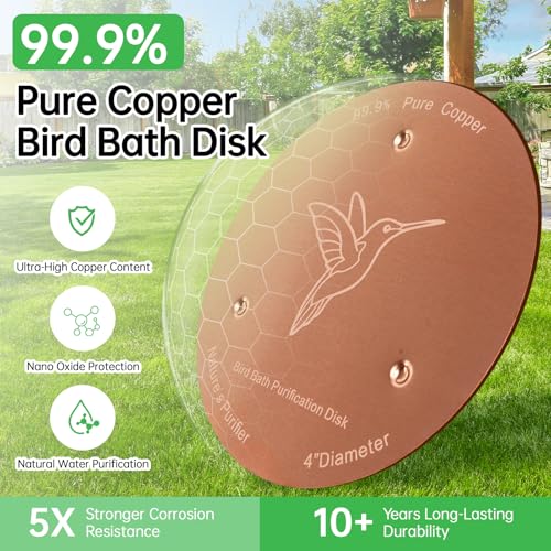 2 Pack Bird Bath Copper Discs, 99.9% Pure Copper Cleaner with Triple-Point Support, Reinforced Design for Safe Clean Water, Universal Fit for Outdoor