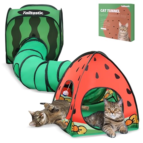Tailtastic 3-in-1 Watermelon Cat Play Tunnel with Pop-Up Cube & Triangle Cat Tent, Interactive Toy Ball & Foldable Design - Easy Magic Tape Assembly