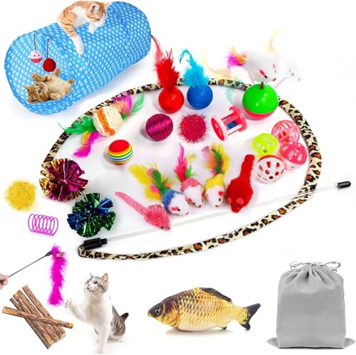 AILUKI 35 PCS Cat Toys Kitten Toys Assortments,Variety Catnip Toy Set Including 2 Way Tunnel,Cat Feather Teaser,Catnip Fish,Mice,Colorful Balls and