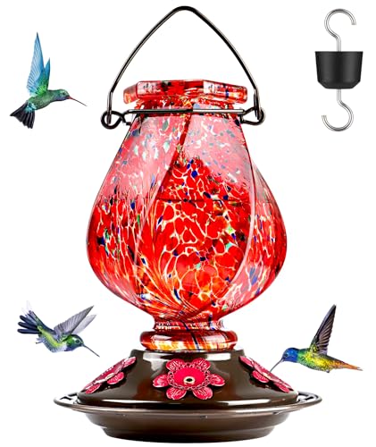 BOLITE Hummingbird Feeder, Hand Blown Glass Hummingbird Feeders for Outdoors Hanging with Ant Moat, 5 Bee-Proof Ports, Leak-Proof, 360° Perch, 22oz