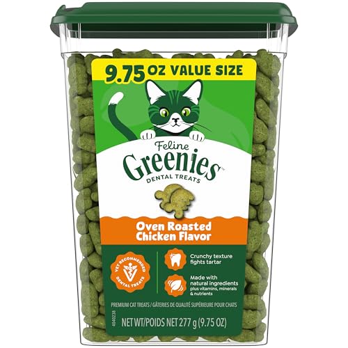 Greenies Cat Treats, Feline Veterinarian-Recommended Adult Natural Dental Cat Treats, Oven Roasted Chicken Flavor, 9.75 oz. Tub