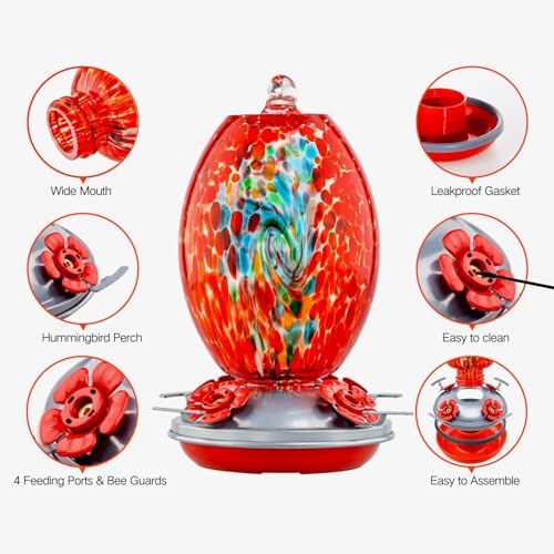 Muse Garden Glass Humming Bird Feeders for Outdoors - 27OZ Blown Glass Hummingbird Feeder - Unique Gift Mom Women Grandparents, Outdoors Hanging