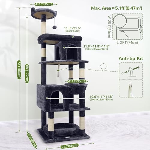 Globlazer Heavy Duty Cat Trees for Large Cats, Sturdy 72in Maine Coon Cat Tree for Large Cats 20 lbs+ Heavy Duty Cat Tower for Adult Biggest Cat with