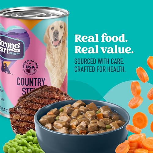 A Strong Heart Wet Dog Food Cans, Country Beef Stew with Peas & Carrots — Stew-Style Cuts, All Life Stages, Complete & Balanced, Made in USA, 13.2 oz