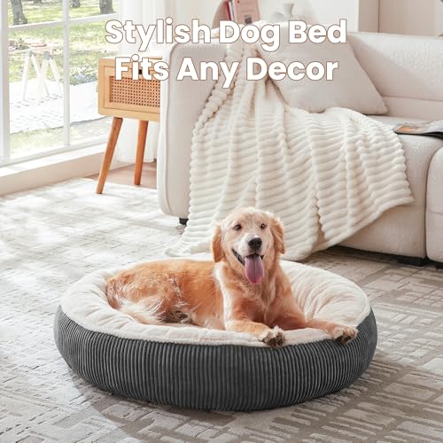 36 inches Donut Dog Bed for Large Dogs - Calming Round Pet Bed with Removable&Washable Cover, Plush Faux Fur & Corduroy, Fits Pets up to 80 lbs(Dark Grey, Large)