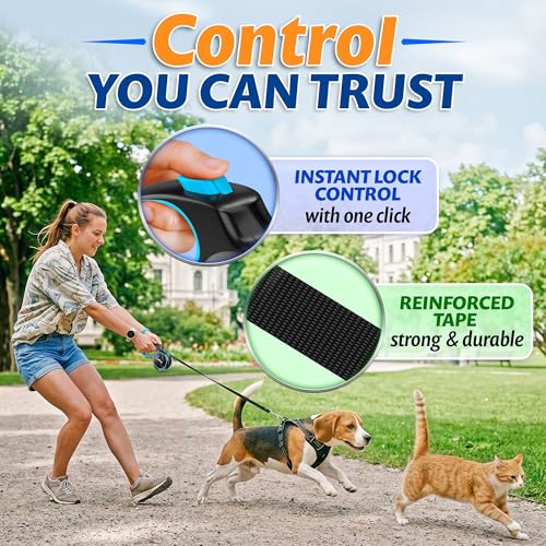 16.4 ft Retractable Dog Leash for Dogs 10–100 lbs - Heavy Duty Tape Leash with Strong Nylon Tape - 360° Swivel Control - One-Click Brake & Lock