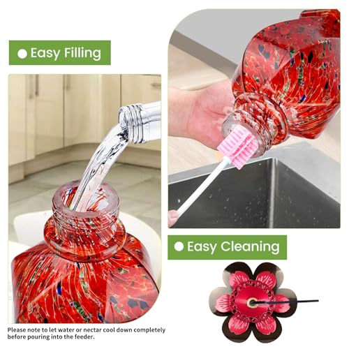 BOLITE Hummingbird Feeder, Hand Blown Glass Hummingbird Feeders for Outdoors Hanging with Ant Moat, 5 Bee-Proof Ports, Leak-Proof, 360° Perch, 22oz