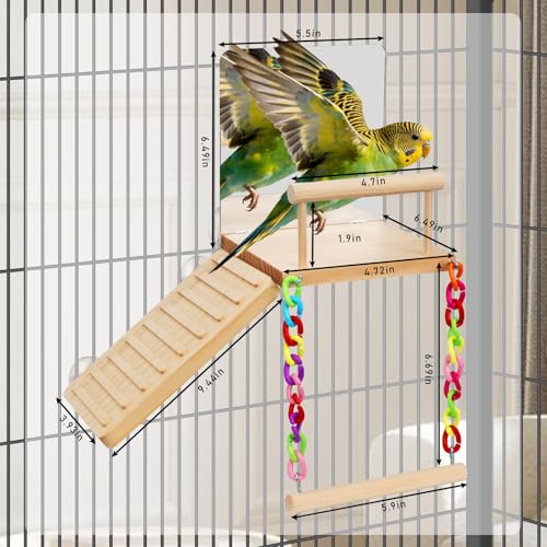 Bird Perches Platform Swing with Bird Mirror Climbing Ladder Birds Toys Cage Accessories for Cockatiels, Lovebirds, Pacific Parrotlets,Chinchilla