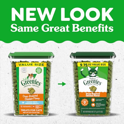 Greenies Cat Treats, Feline Veterinarian-Recommended Adult Natural Dental Cat Treats, Oven Roasted Chicken Flavor, 9.75 oz. Tub