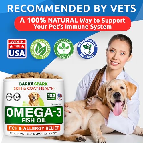 BARK&SPARK Omega 3 for Dogs and Cats-180 Fish Oil Treats for Dogs & Cats Shedding, Skin Allergy, Itch Relief, Hot Spots Treatment-Joint Health-Skin