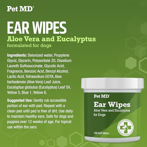 Pet MD Dog Ear Cleaning Wipes – Otic Cleanser for Dogs, Soothing Ear Care with Aloe Vera & Eucalyptus, Regular Wipes, 100 Count