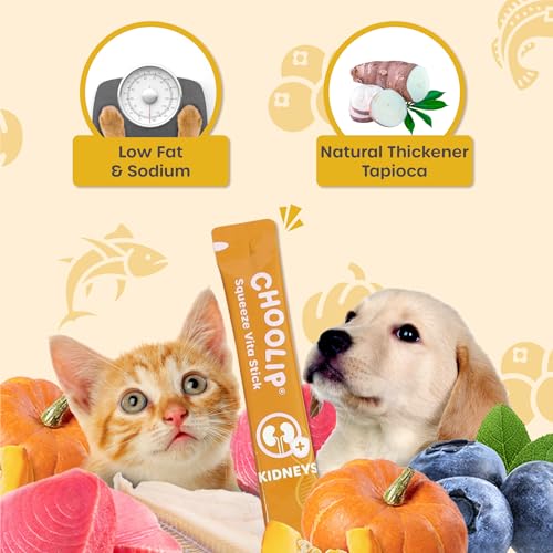 Choolip Squeeze Vita Stick Lickable Cat and Dog Treats, 7-Count Kidney Support, Tuna and Pollack with Pumpkin, Blueberry and Omega-3, Grain-Free