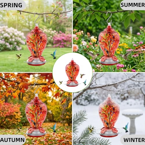 WOSIBO Hummingbird Feeder for Outdoors Patio Large 32 Ounces Colorful Hand Blown Glass Hummingbird Feeder with Ant Moat Hanging Hook, Rope, Brush and