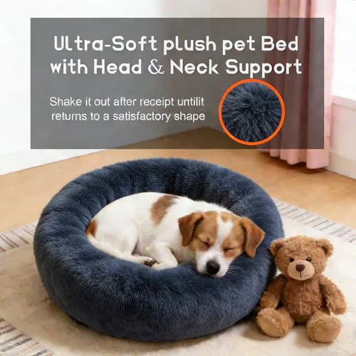 Comfort Donut Dog Bed - Ultra-Soft Pet Bed with Neck Support, 3 Sizes (Machine Washable) for Small/Medium/Large Dogs & Cats (Gray, 24''Lx24''Wx8''Th)